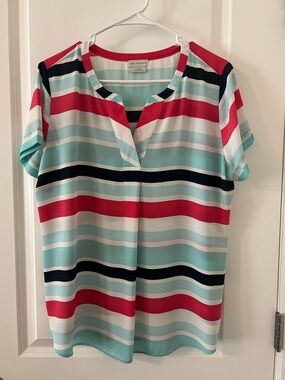 Van Heusen Striped Short-Sleeve Blouse - Aqua, Navy & Pink
